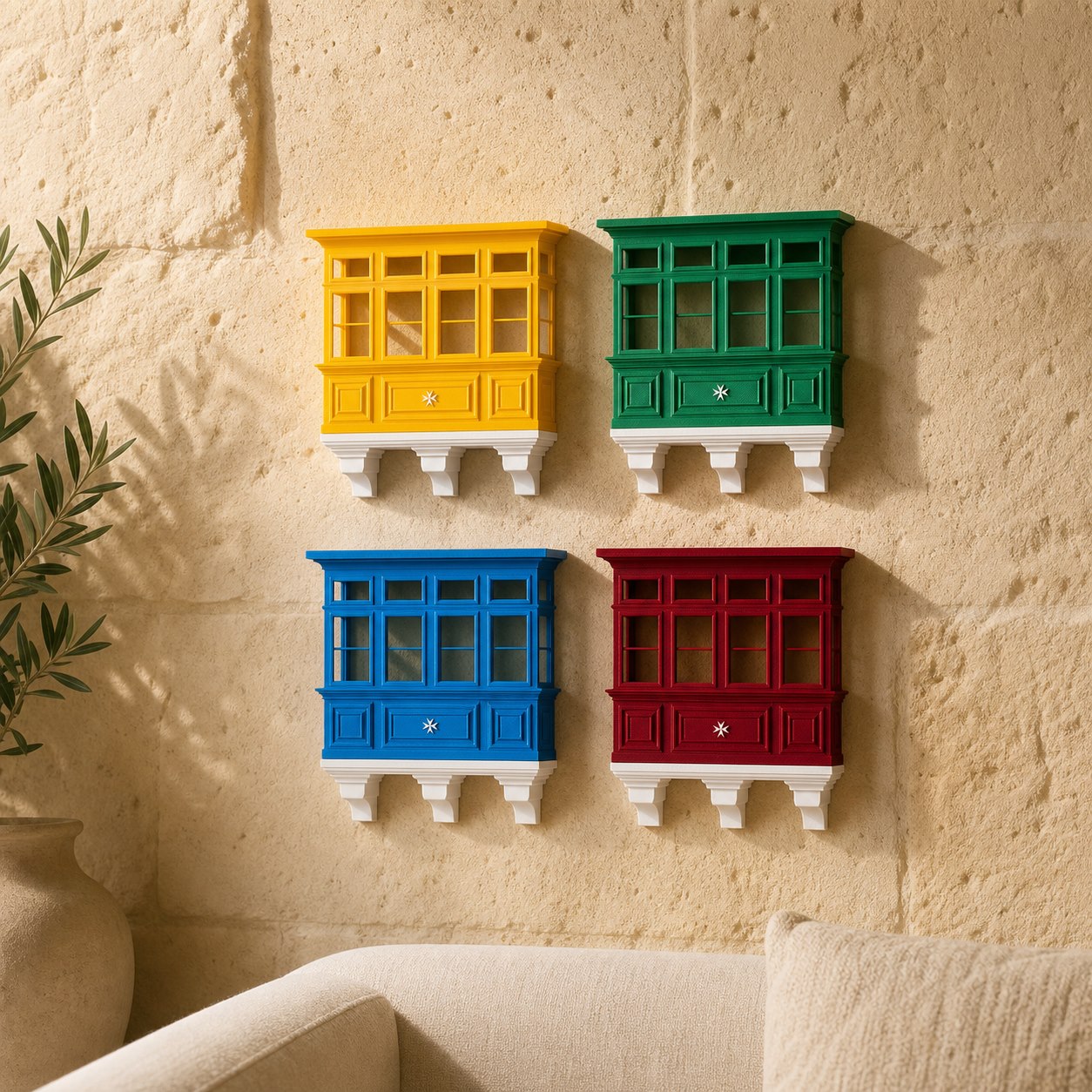 Four colourful MaltaPrints Maltese balcony decor pieces mounted on a limestone wall.
