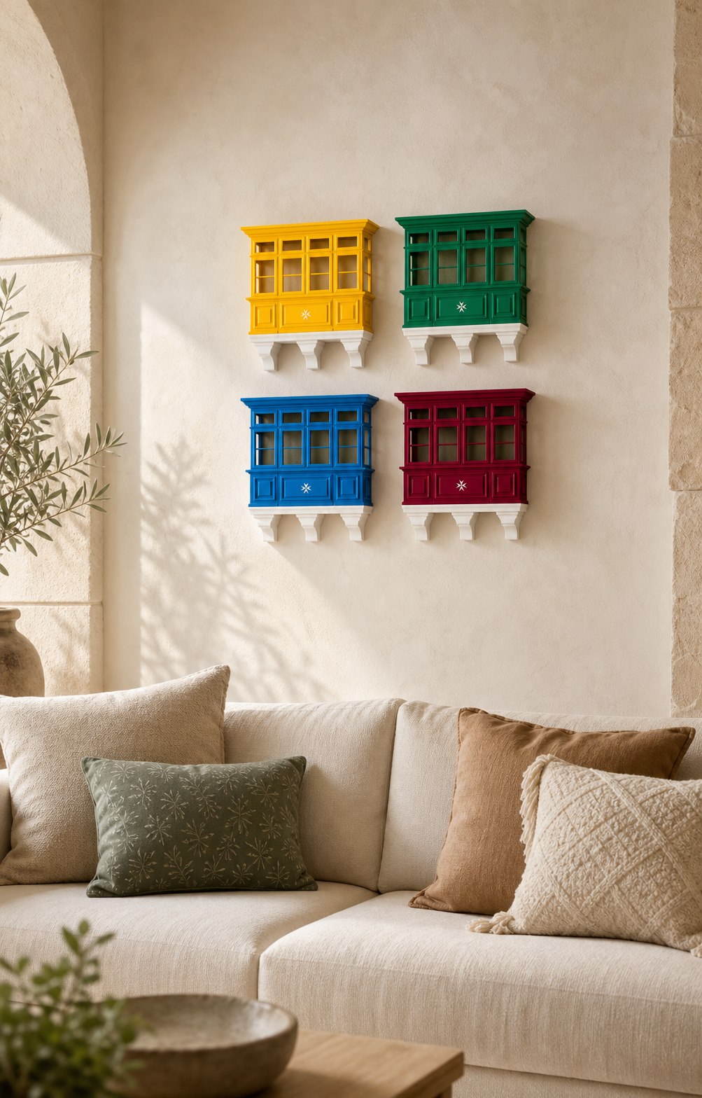 Maltese balcony decor displayed above a warm living room sofa in a Maltese-inspired interior.