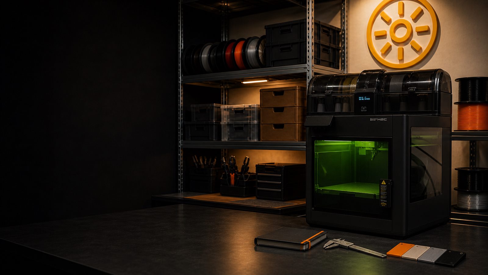 Compact Sunshine Labs manufacturing studio in Malta with Bambu H2C-style fabrication machine, materials and workshop tools.
